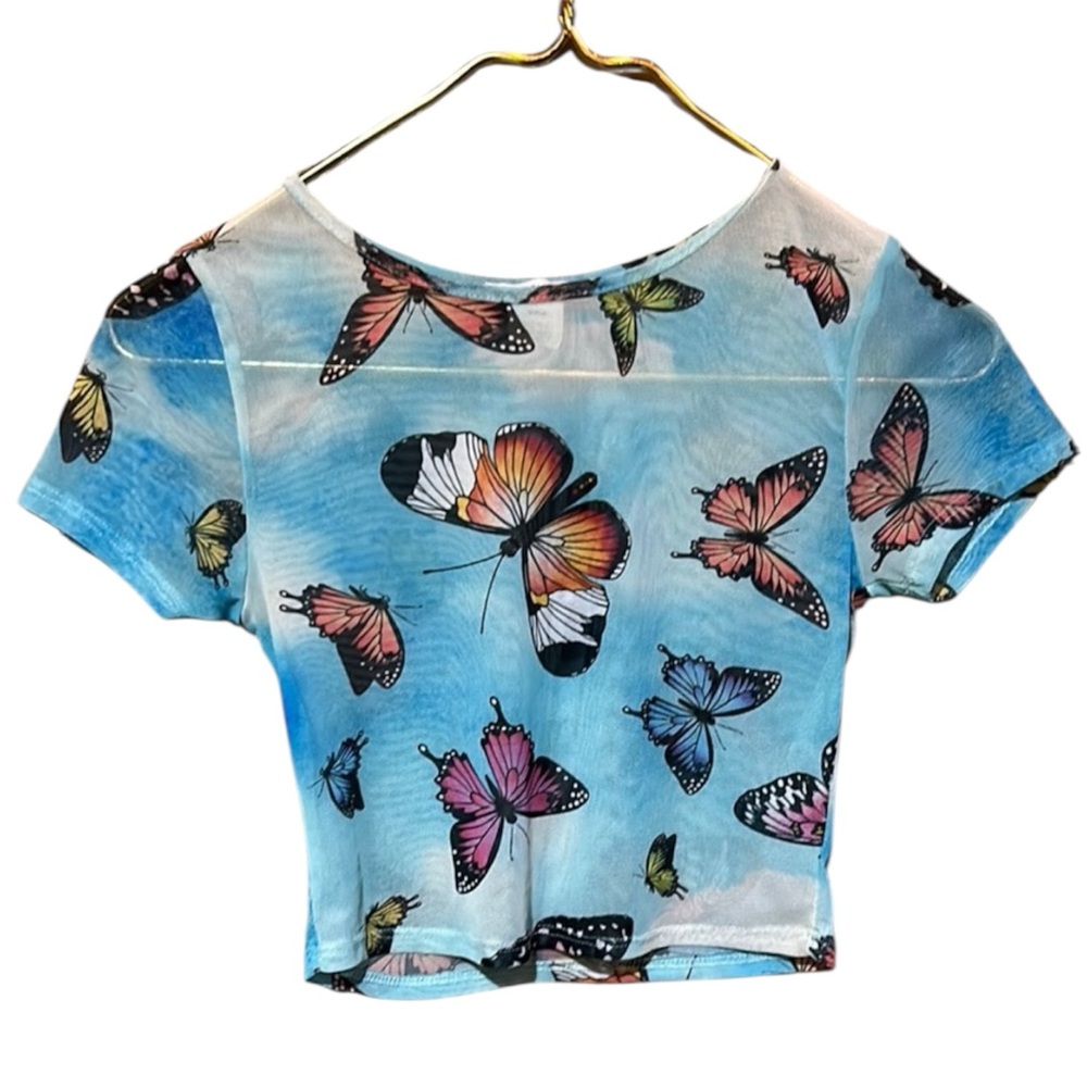 3/$20 Fashion Nova Blue and Purple Butterfly Mesh Crop Top